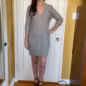 Gray V-neck sweater dress with ¾ length sleeves